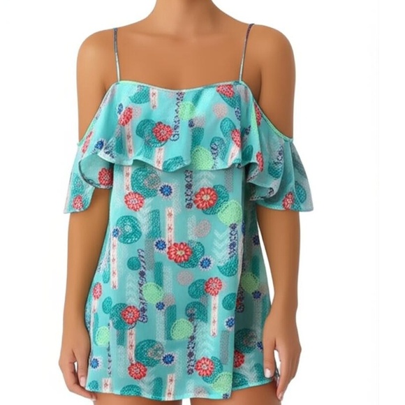O'Rageous Tank Top Blouse Teal Cold Shoulder Ruffle Boho Chic Vacation Size LG - Picture 1 of 10